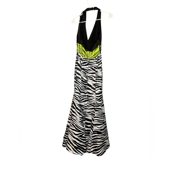 Betsy & Adam Size 2 Zebra Print Halter Gown with Lime Waist - Picture 3 of 10